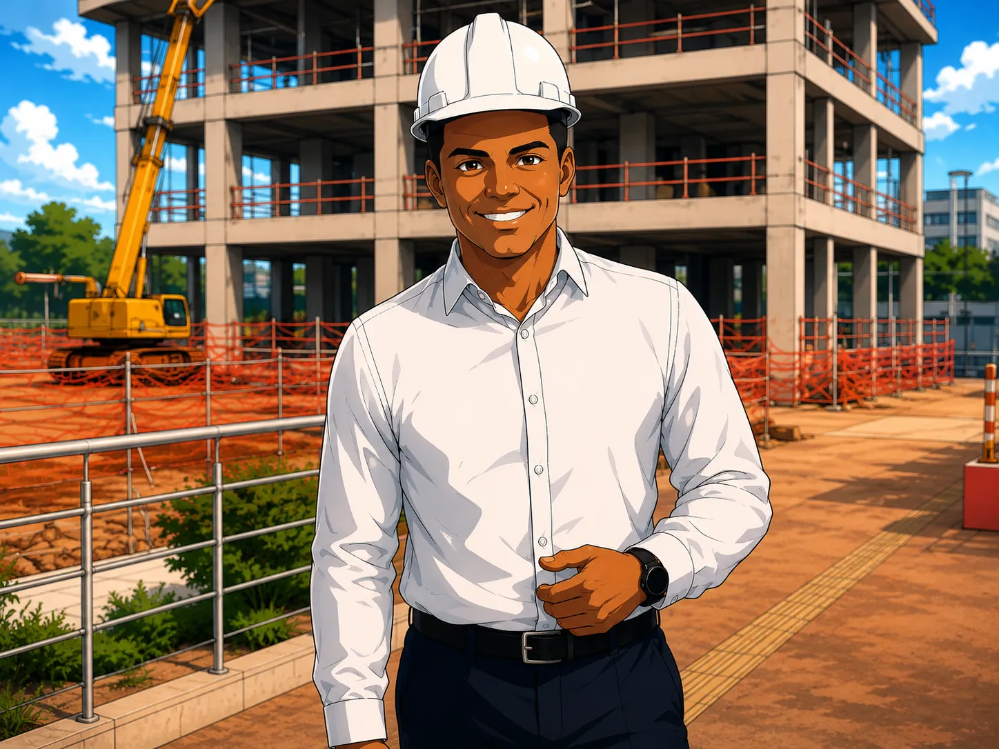 Ilustração de um estaleiro de construção com um edifício em estrutura de betão e uma grua amarela.